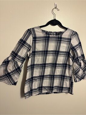 J Crew Navy and White Plaid Ruffle Sleeve Top